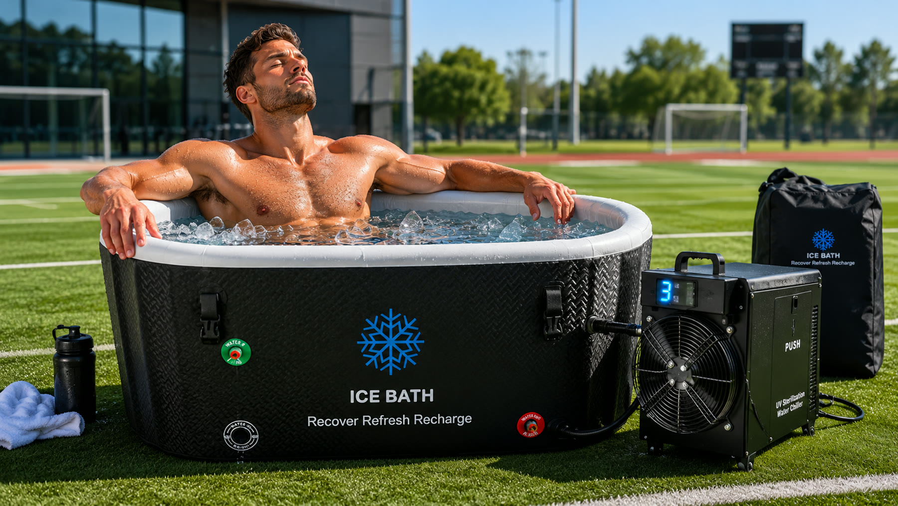 Ice bath and chiller recovery setup for sports teams