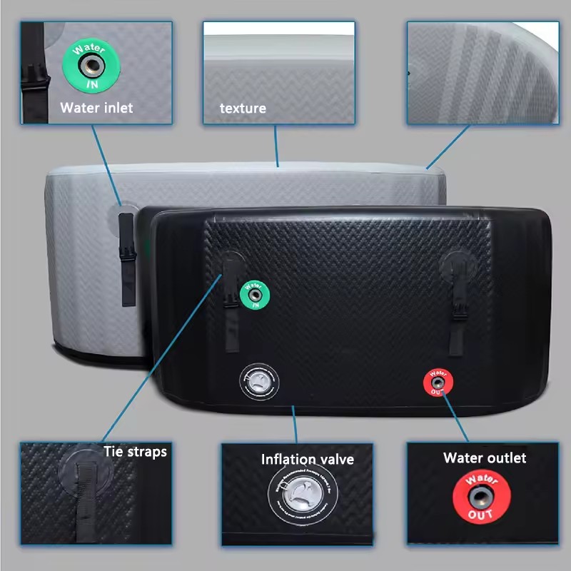Inflatable ice bath tub with water inlet, outlet and connection details