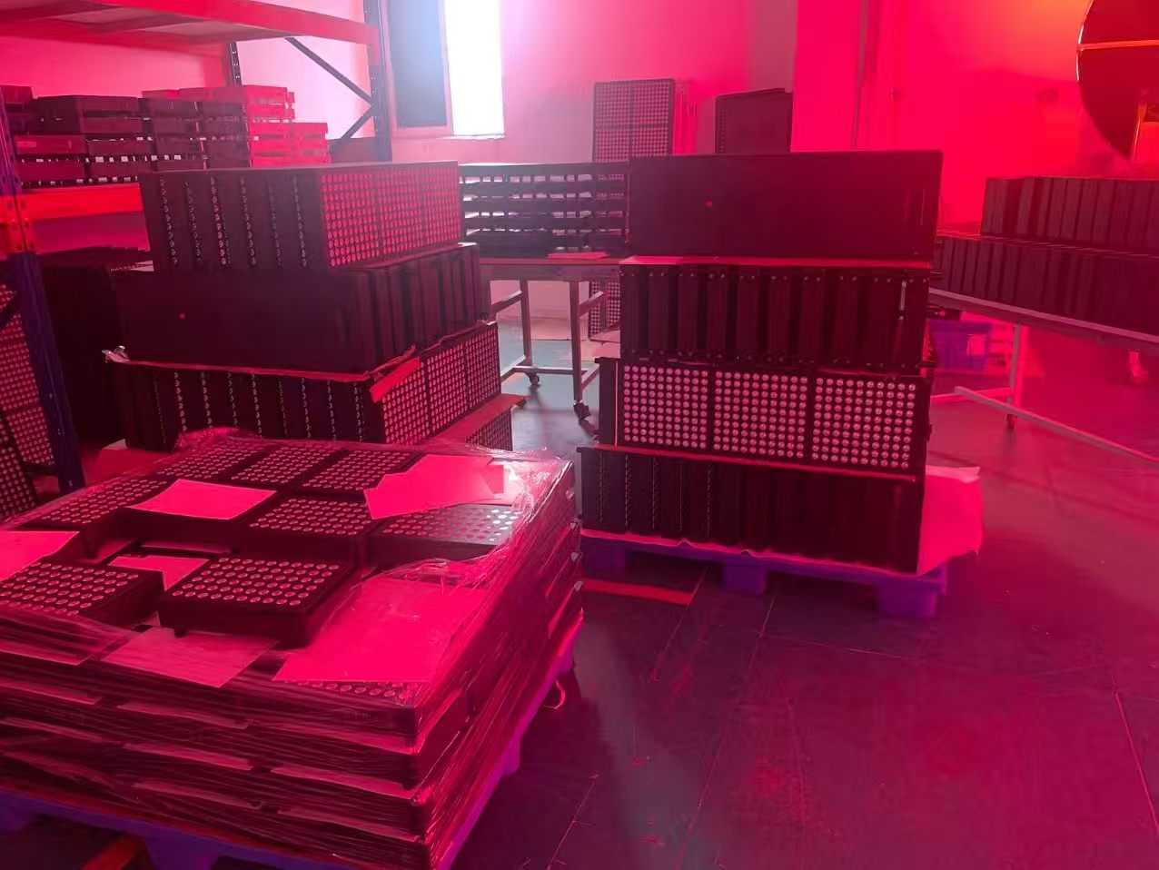 Red light therapy panel production batch before final inspection and packing